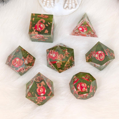 Amanita Mushroom DnD Dice Set – Sharp Edge Resin Dice with Copper Numbers - Fennek and Finch
