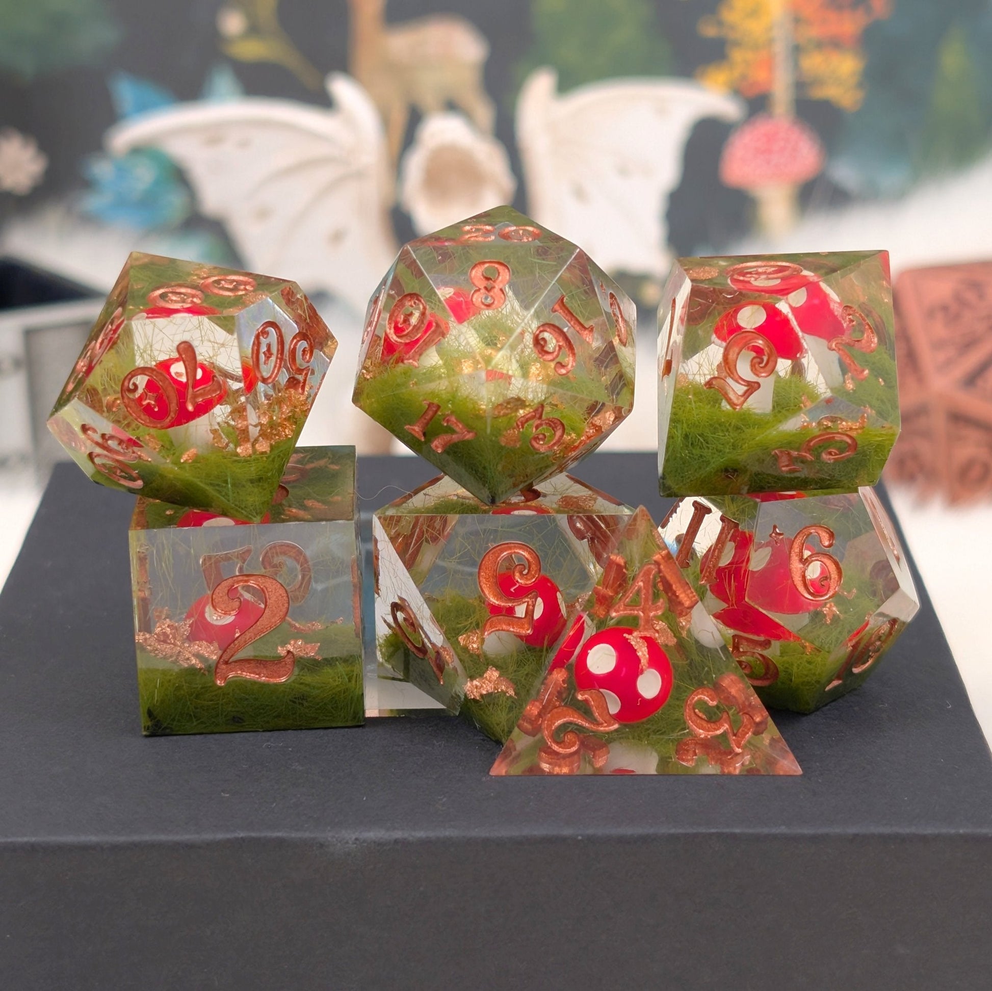 Amanita Mushroom DnD Dice Set – Sharp Edge Resin Dice with Copper Numbers - Fennek and Finch