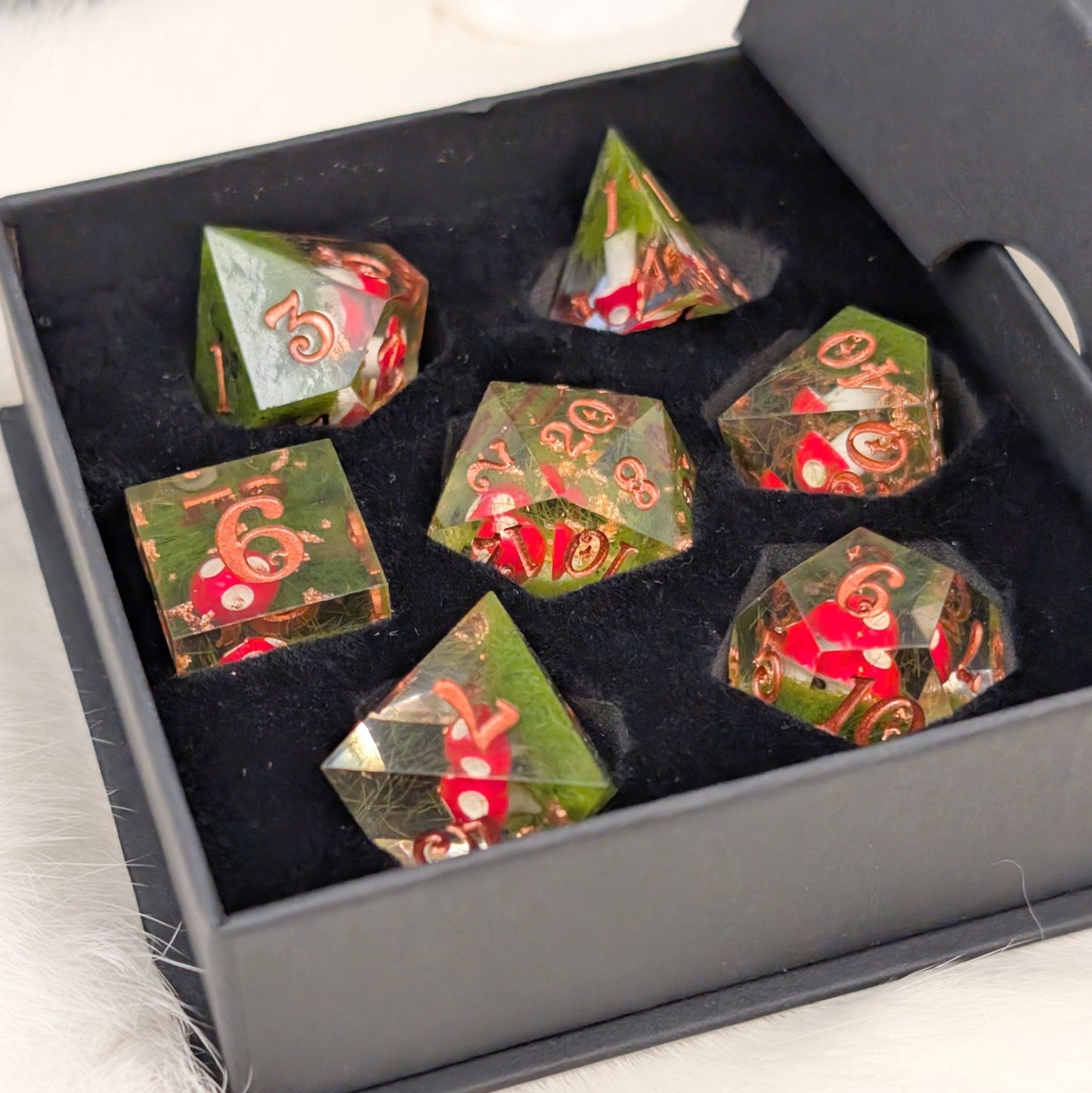 Amanita Mushroom DnD Dice Set – Sharp Edge Resin Dice with Copper Numbers - Fennek and Finch