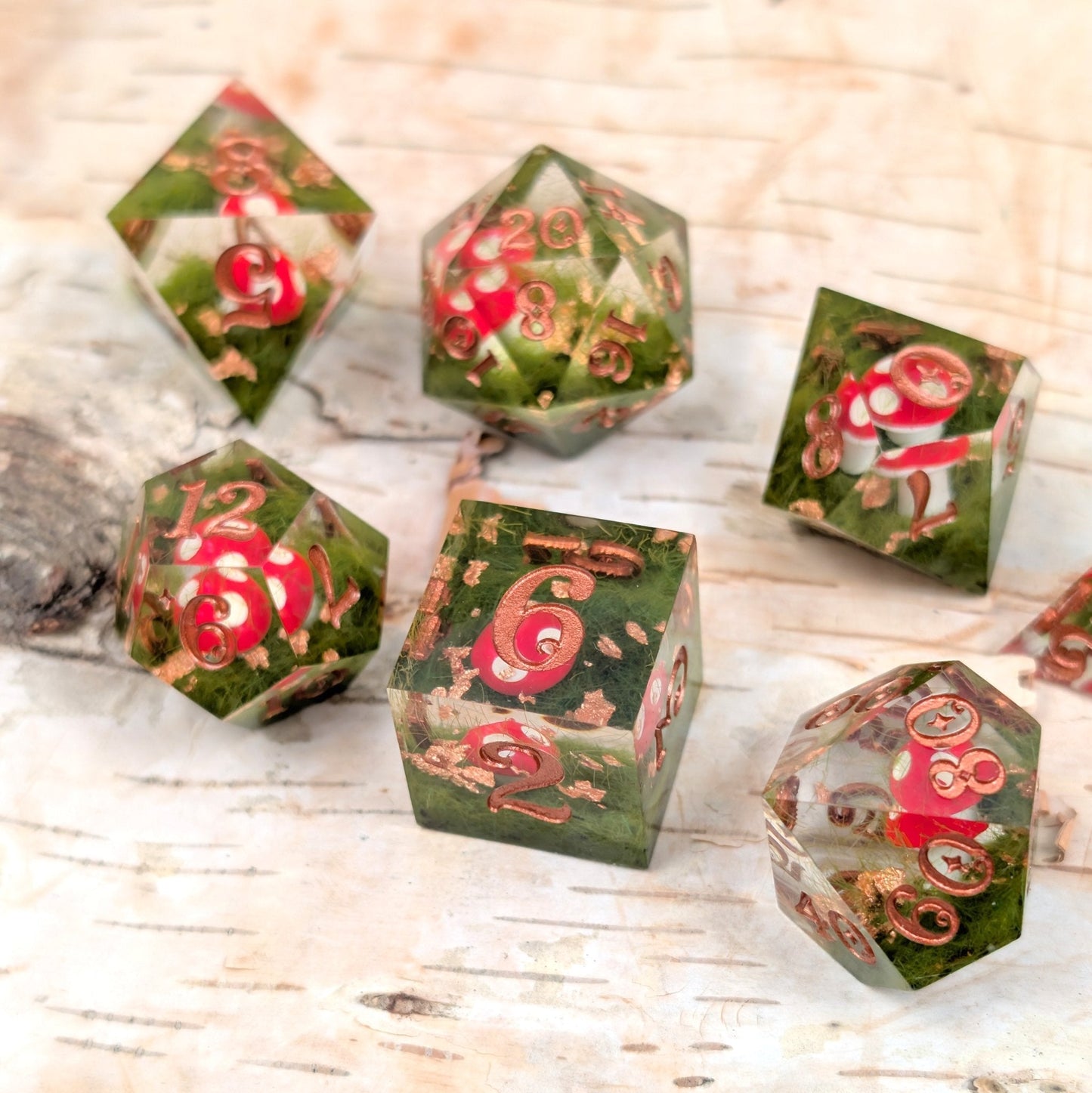 Amanita Mushroom DnD Dice Set – Sharp Edge Resin Dice with Copper Numbers - Fennek and Finch