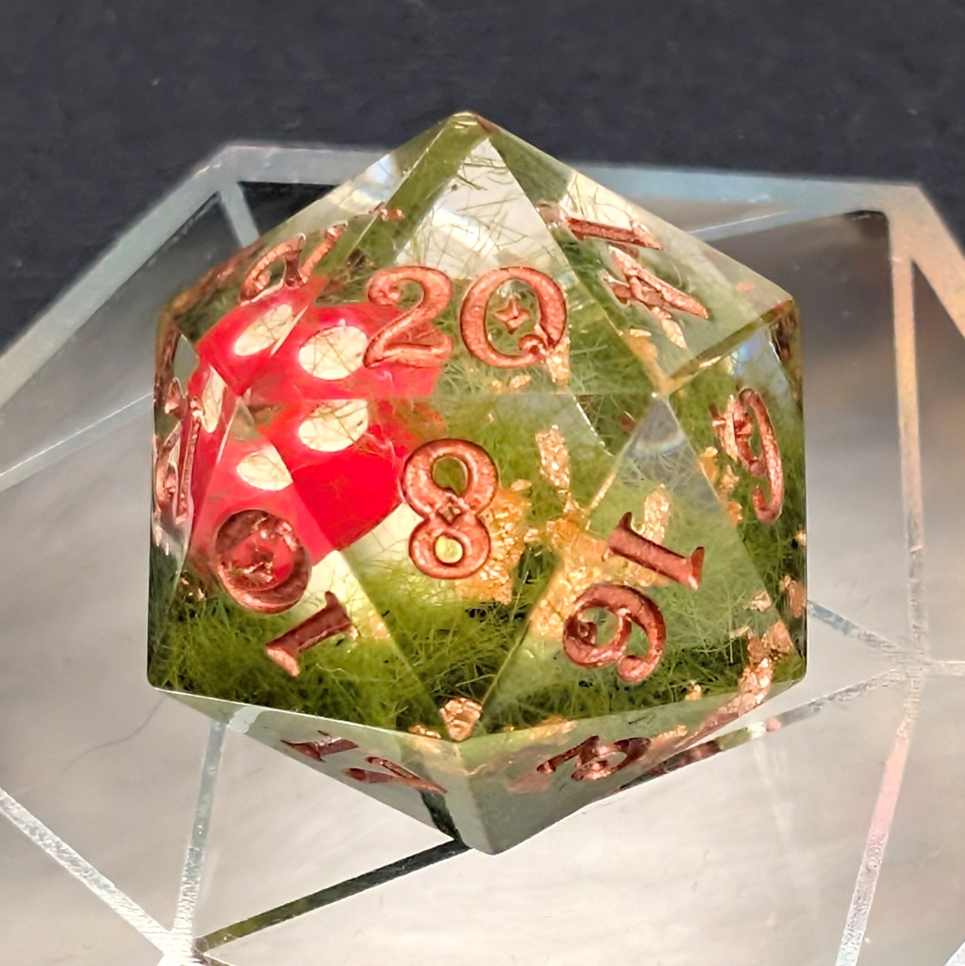 Amanita Mushroom DnD Dice Set – Sharp Edge Resin Dice with Copper Numbers - Fennek and Finch