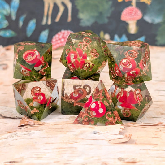 Amanita Mushroom DnD Dice Set – Sharp Edge Resin Dice with Copper Numbers Dice Sets & Games Fennek and Finch
