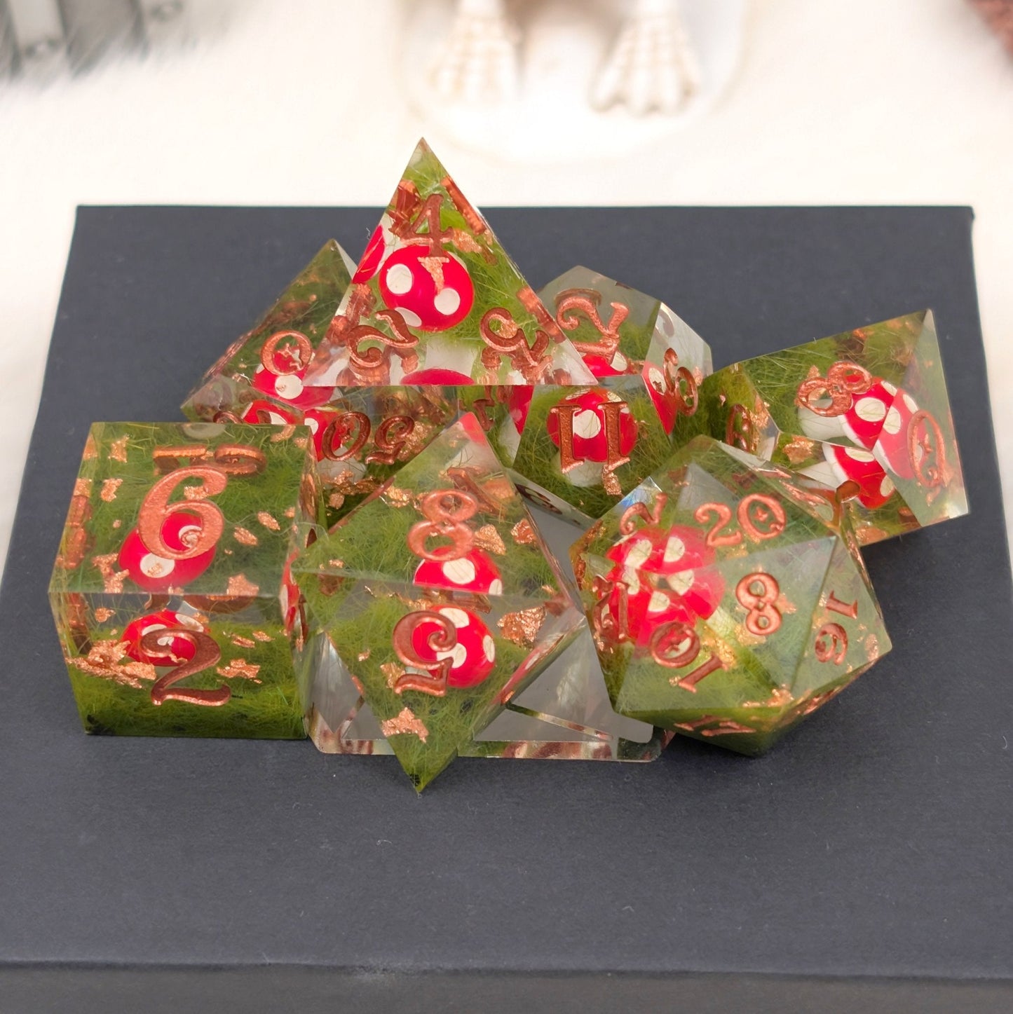 Amanita Mushroom DnD Dice Set – Sharp Edge Resin Dice with Copper Numbers - Fennek and Finch