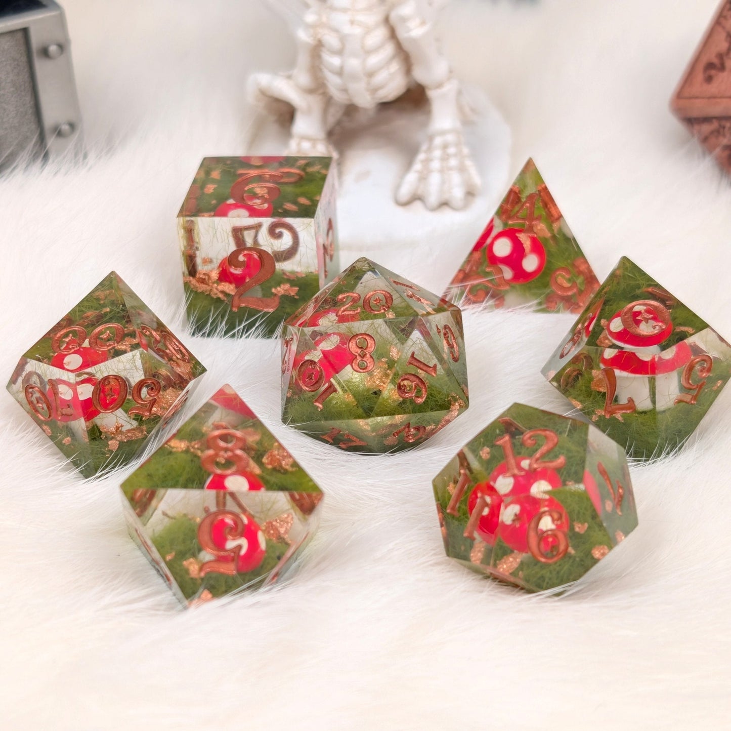 Amanita Mushroom DnD Dice Set – Sharp Edge Resin Dice with Copper Numbers - Fennek and Finch