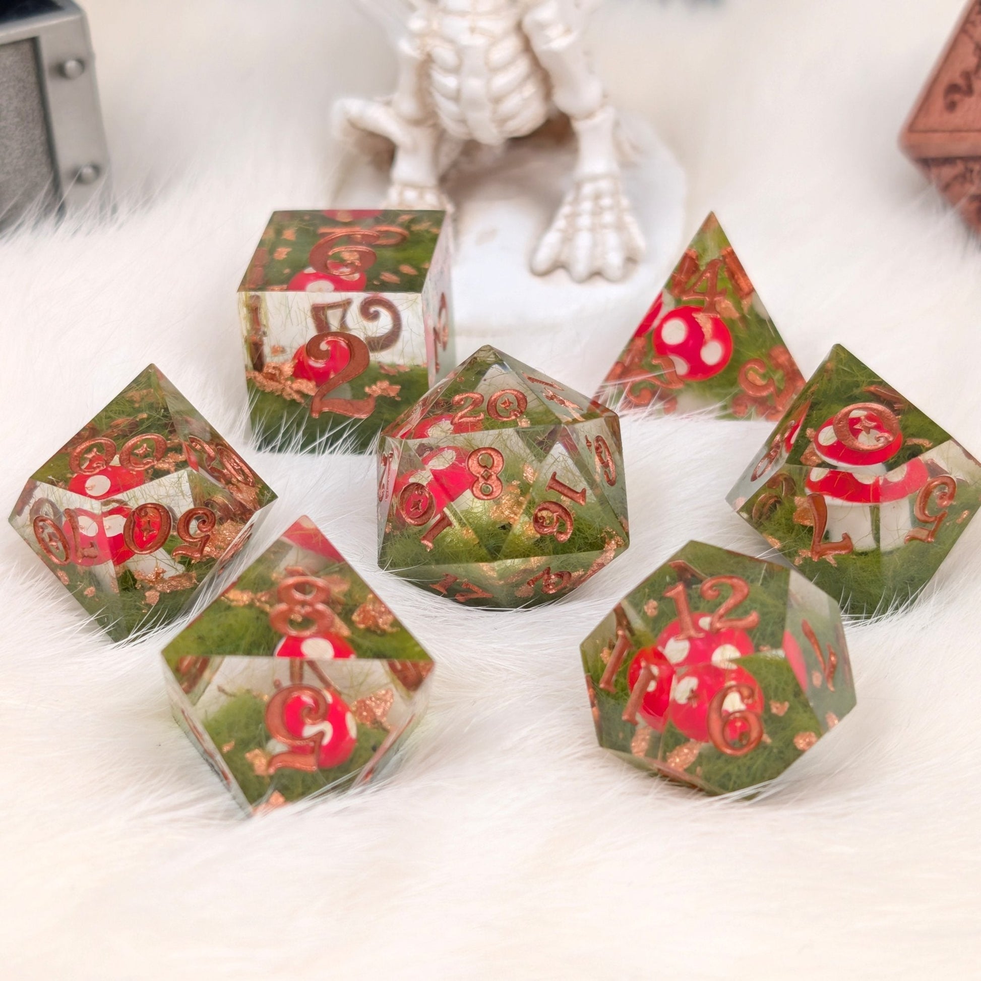 Amanita Mushroom DnD Dice Set – Sharp Edge Resin Dice with Copper Numbers - Fennek and Finch