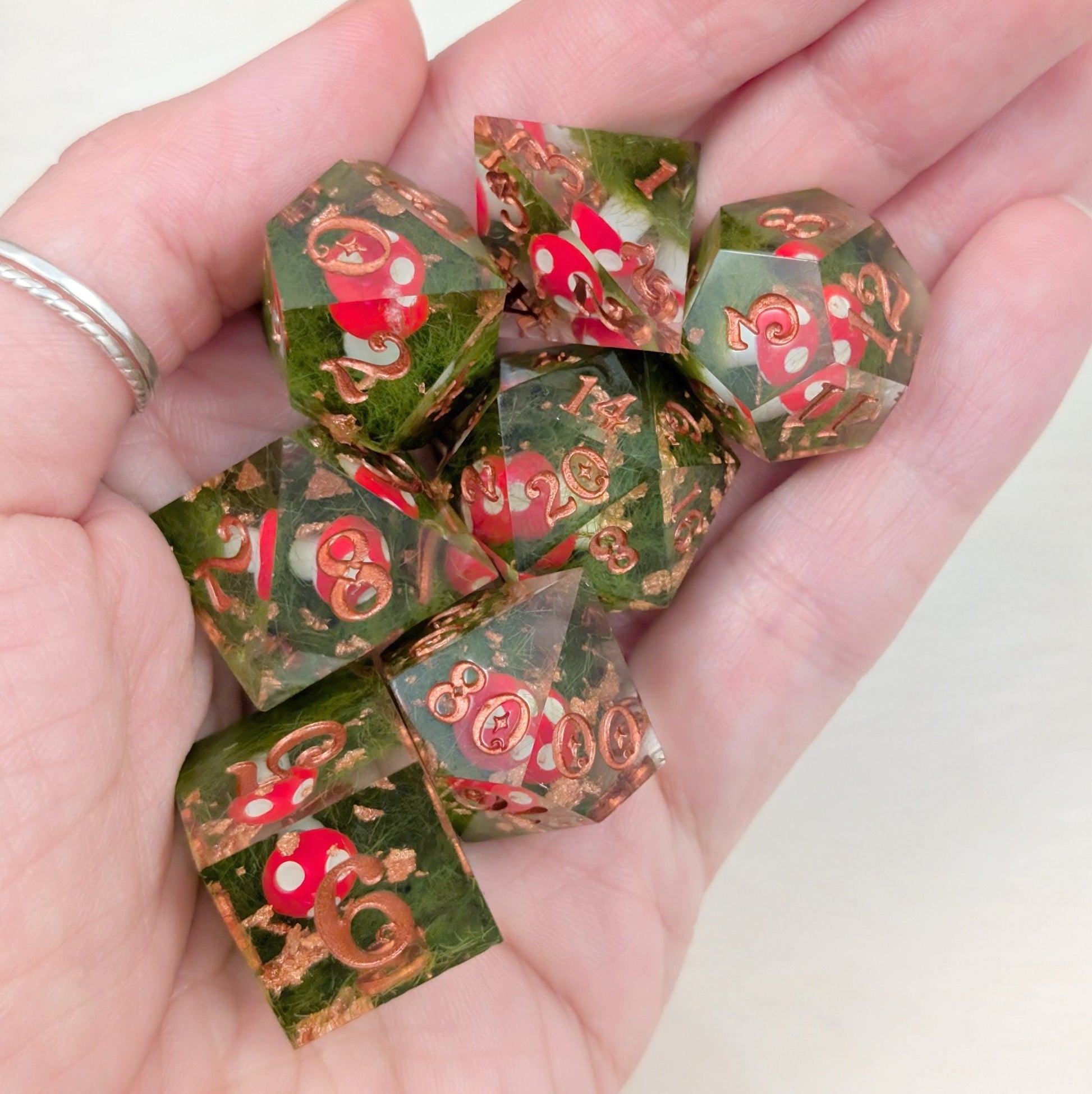 Amanita Mushroom DnD Dice Set – Sharp Edge Resin Dice with Copper Numbers - Fennek and Finch