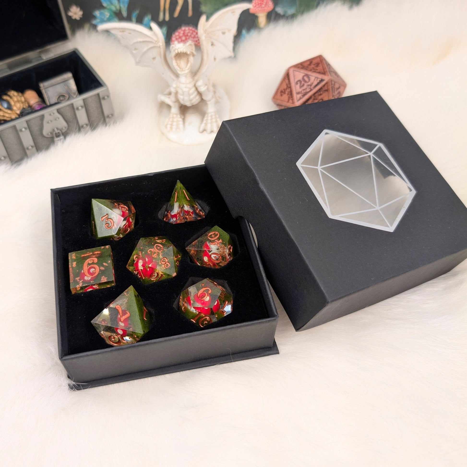 Amanita Mushroom DnD Dice Set – Sharp Edge Resin Dice with Copper Numbers - Fennek and Finch