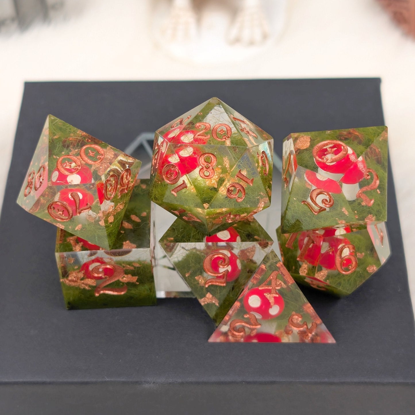 Amanita Mushroom DnD Dice Set – Sharp Edge Resin Dice with Copper Numbers - Fennek and Finch