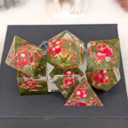 Amanita Mushroom DnD Dice Set – Sharp Edge Resin Dice with Copper Numbers - Fennek and Finch