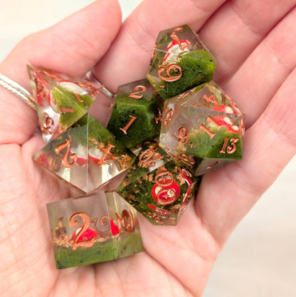 Amanita Mushroom DnD Dice Set – Sharp Edge Resin Dice with Copper Numbers - Fennek and Finch