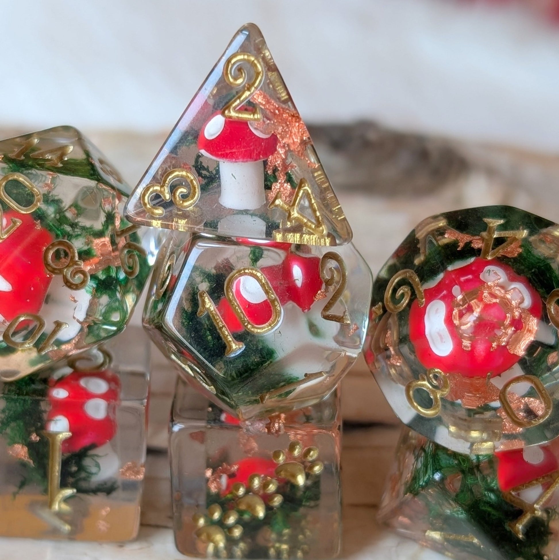 Amanita Mushrooms & Moss – 8 - Piece Botanical Dice Set with Gold Font | Fennek & Finch - Fennek and Finch