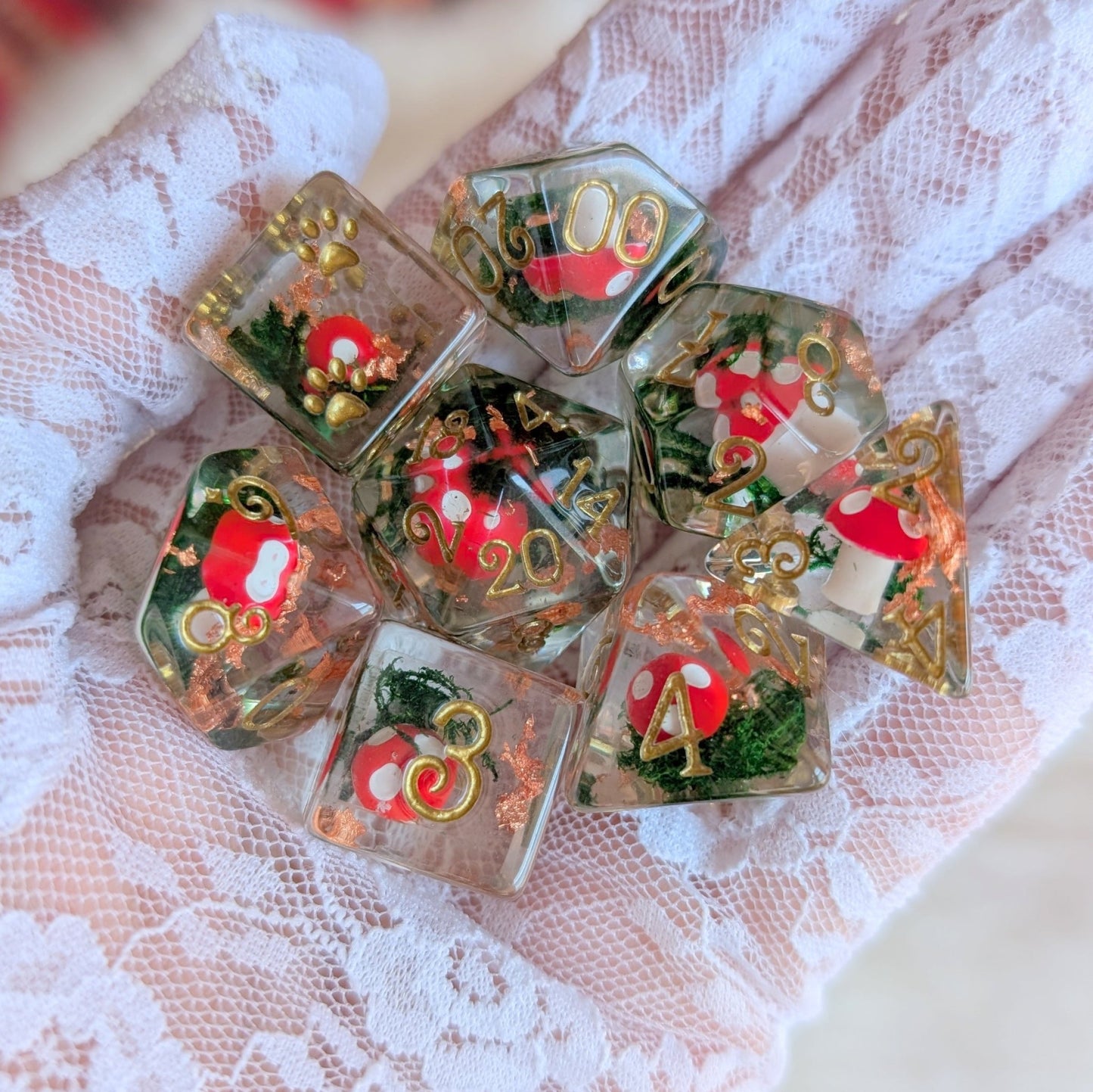 Amanita Mushrooms & Moss – 8 - Piece Botanical Dice Set with Gold Font | Fennek & Finch - Fennek and Finch