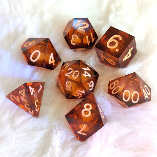 ✨ Amber Ale Liquid Core Sharp Edge Resin DnD Dice Set Dice Sets & Games Fennek and Finch