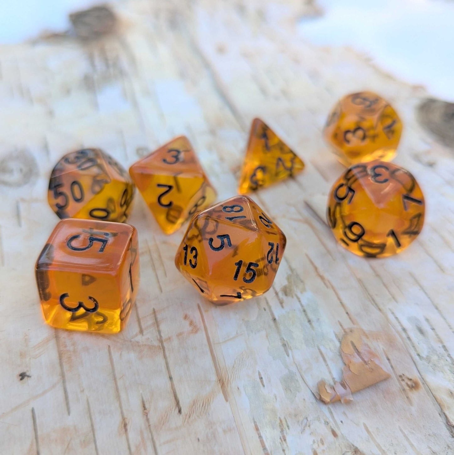 ✨ Amber Gems Dice Set. Clear Brown Auburn TTRPG Dice - Fennek and Finch