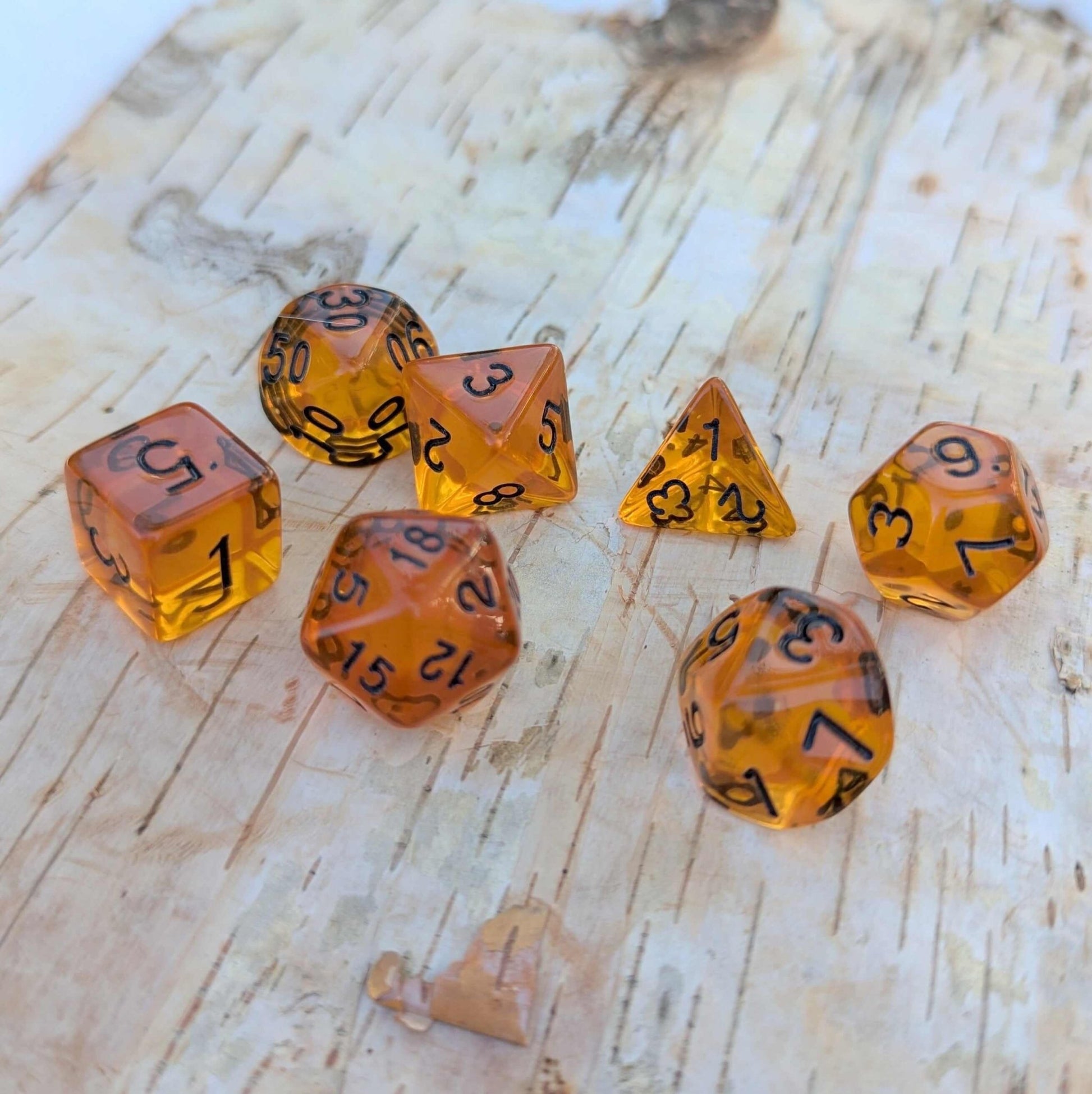 ✨ Amber Gems Dice Set. Clear Brown Auburn TTRPG Dice - Fennek and Finch