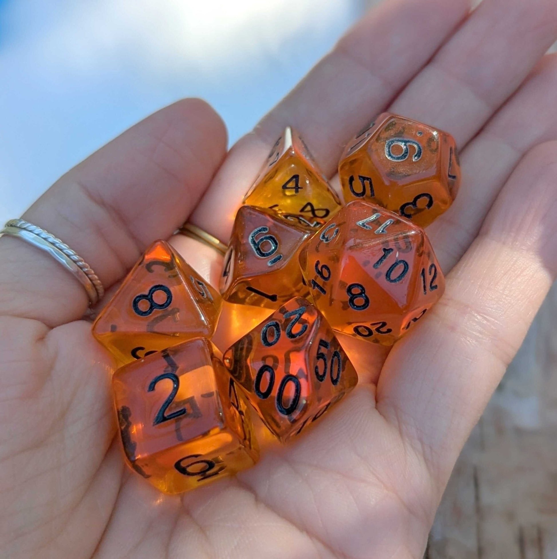 ✨ Amber Gems Dice Set. Clear Brown Auburn TTRPG Dice - Fennek and Finch