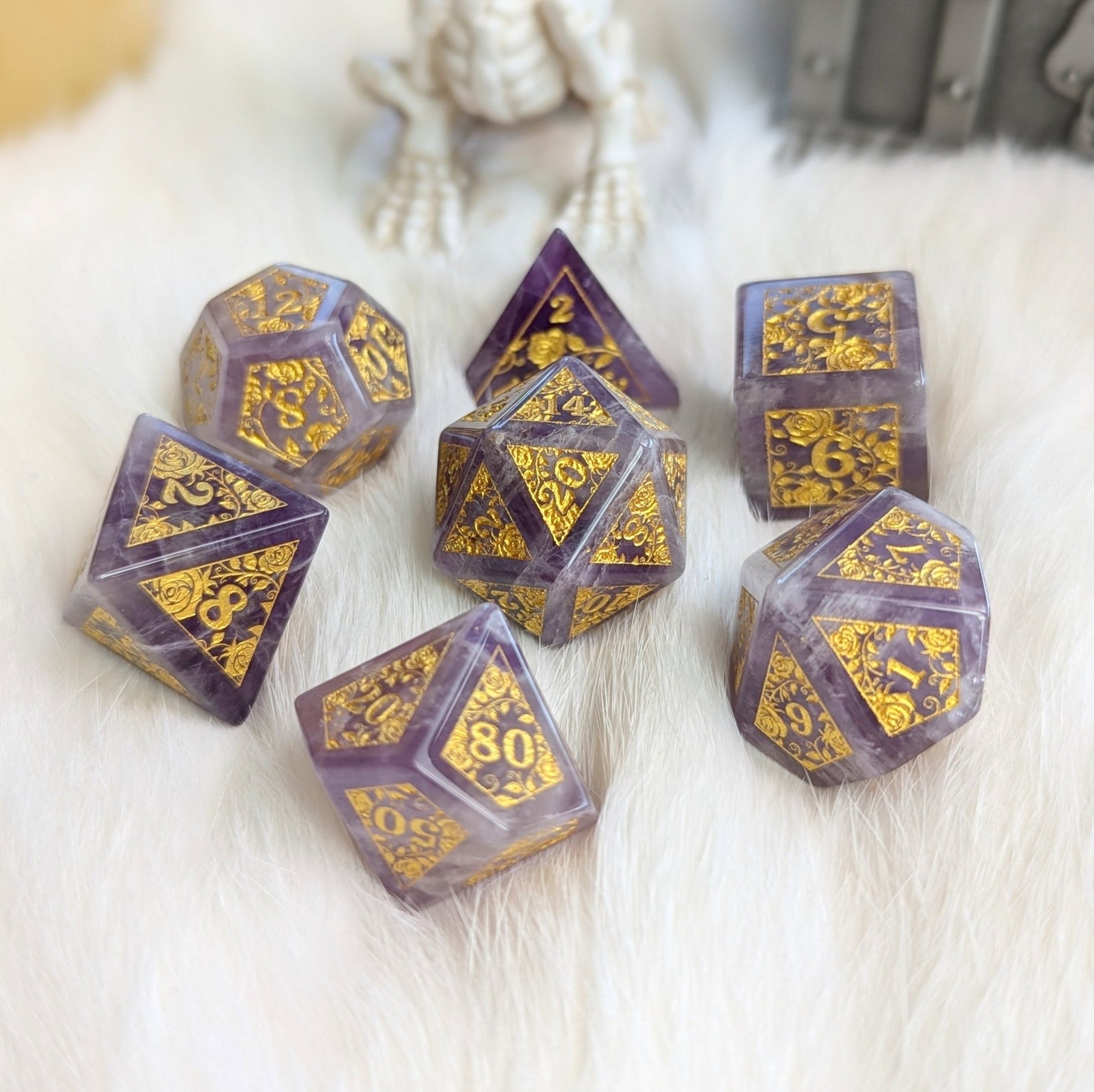 Amethyst Rose Vine Dice Set – 7 - Piece Real Purple Gemstone DnD Dice - Fennek and Finch