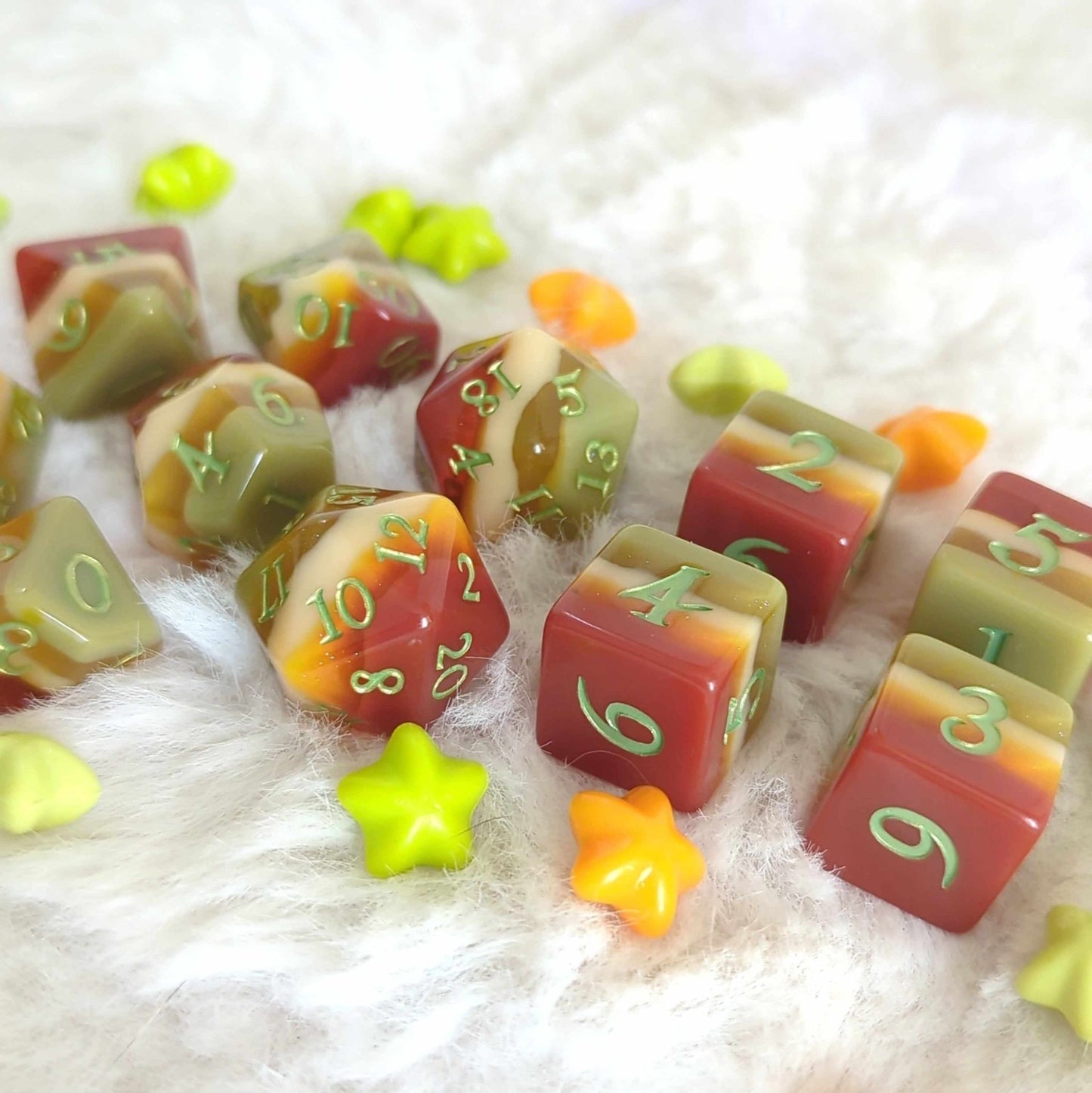 Autumn Arbor Dice Set – 7 and 11-Piece Fall Layered DnD Dice | Fennek & Finch Dice Sets & Games Fennek and Finch 11 Piece Set - Green