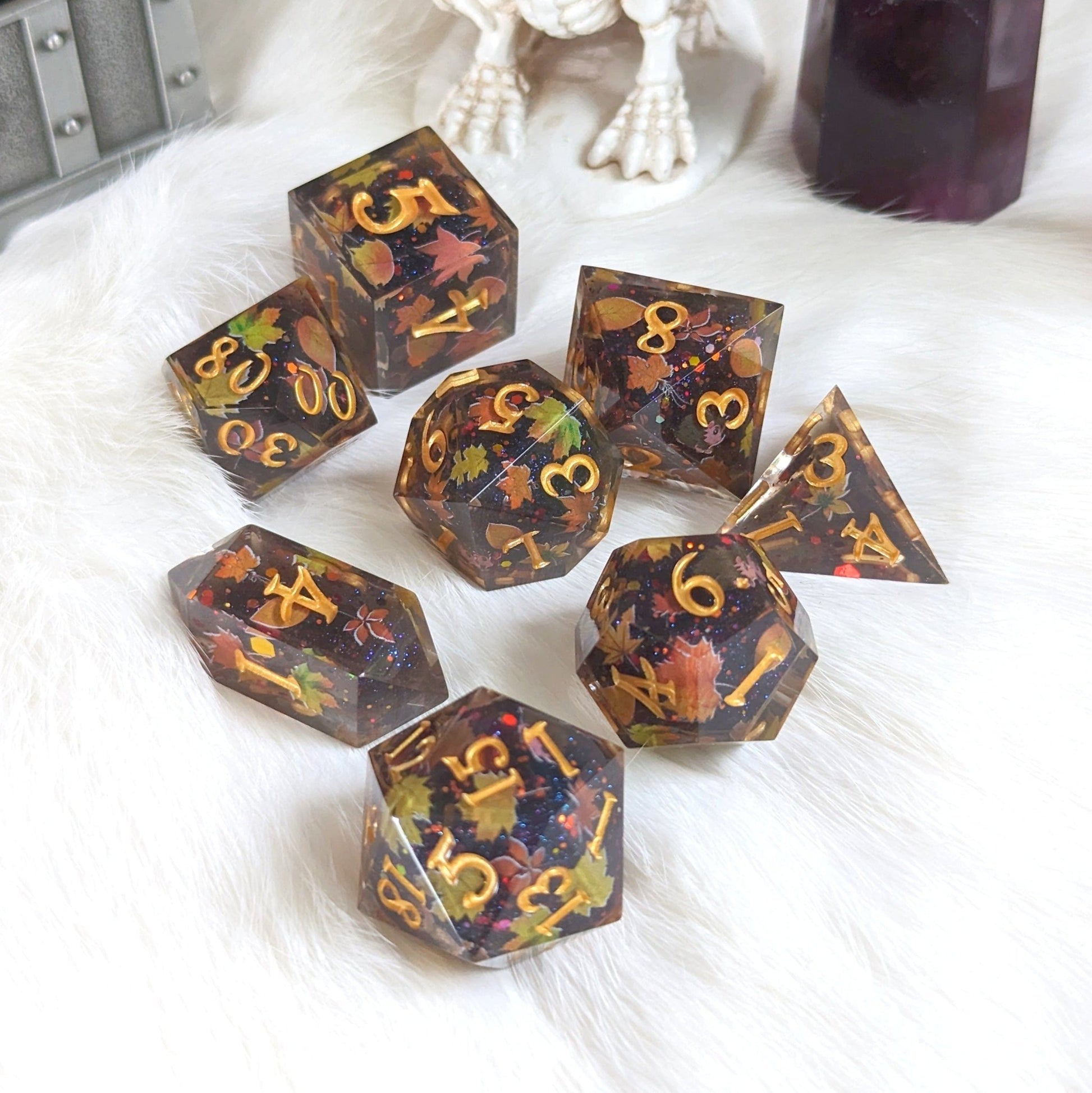 Autumn Eve Dice Set – 8-Piece Dark Autumn DnD Dice with Owls and Leaves | Fennek & Finch Dice Sets & Games Fennek and Finch