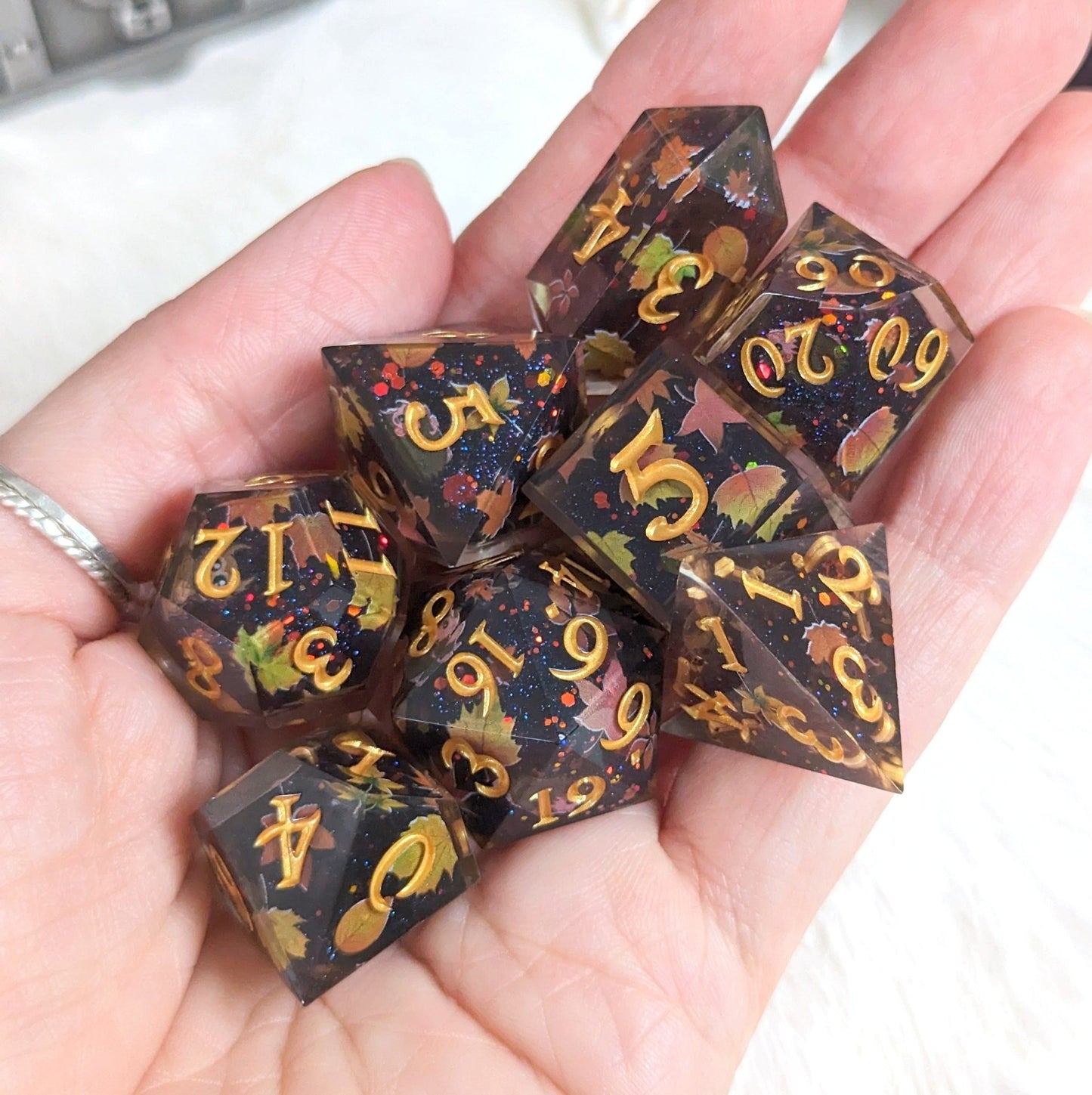 Autumn Eve Dice Set – 8-Piece Dark Autumn DnD Dice with Owls and Leaves | Fennek & Finch Dice Sets & Games Fennek and Finch