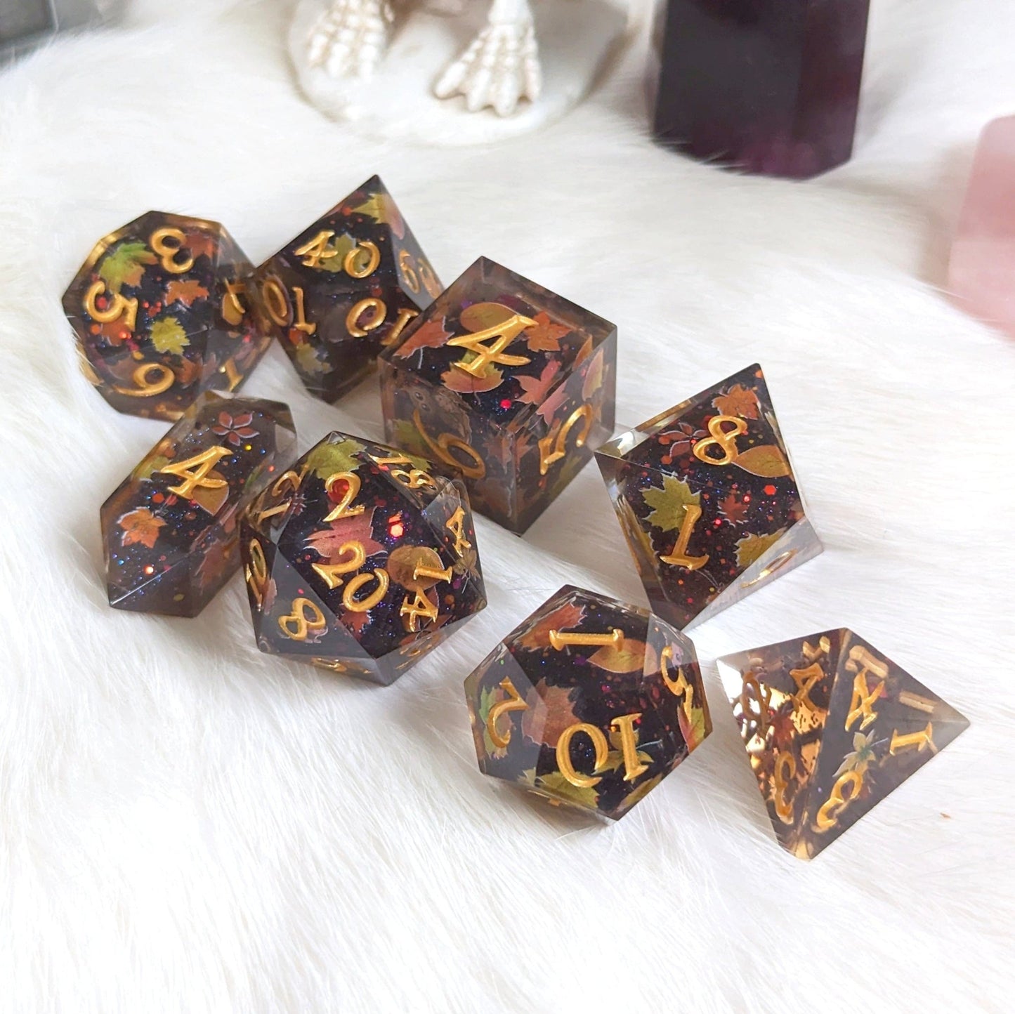 Autumn Eve Dice Set – 8-Piece Dark Autumn DnD Dice with Owls and Leaves | Fennek & Finch Dice Sets & Games Fennek and Finch
