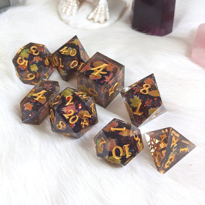 Autumn Eve Dice Set – 8-Piece Dark Autumn DnD Dice with Owls and Leaves | Fennek & Finch Dice Sets & Games Fennek and Finch