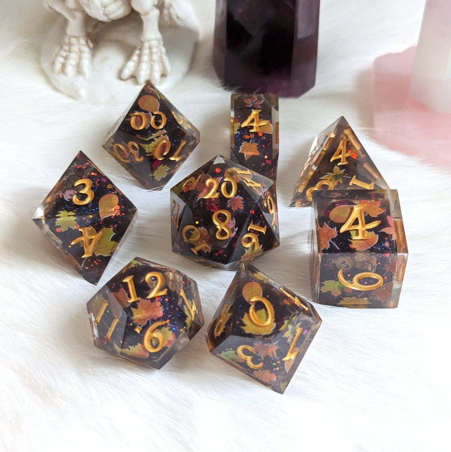 Autumn Eve Dice Set – 8-Piece Dark Autumn DnD Dice with Owls and Leaves | Fennek & Finch Dice Sets & Games Fennek and Finch
