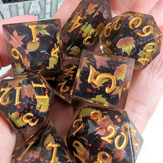 Autumn Eve Dice Set – 8 - Piece Dark Autumn DnD Dice with Owls and Leaves | Fennek & Finch - Fennek and Finch