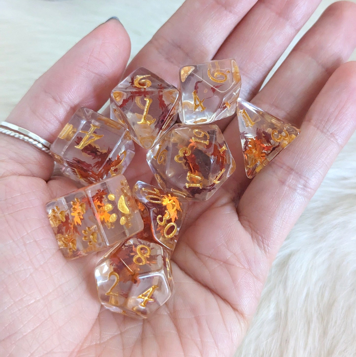 Autumn Leaf Dice Set. 8 Piece fall themed orange leaf glitter