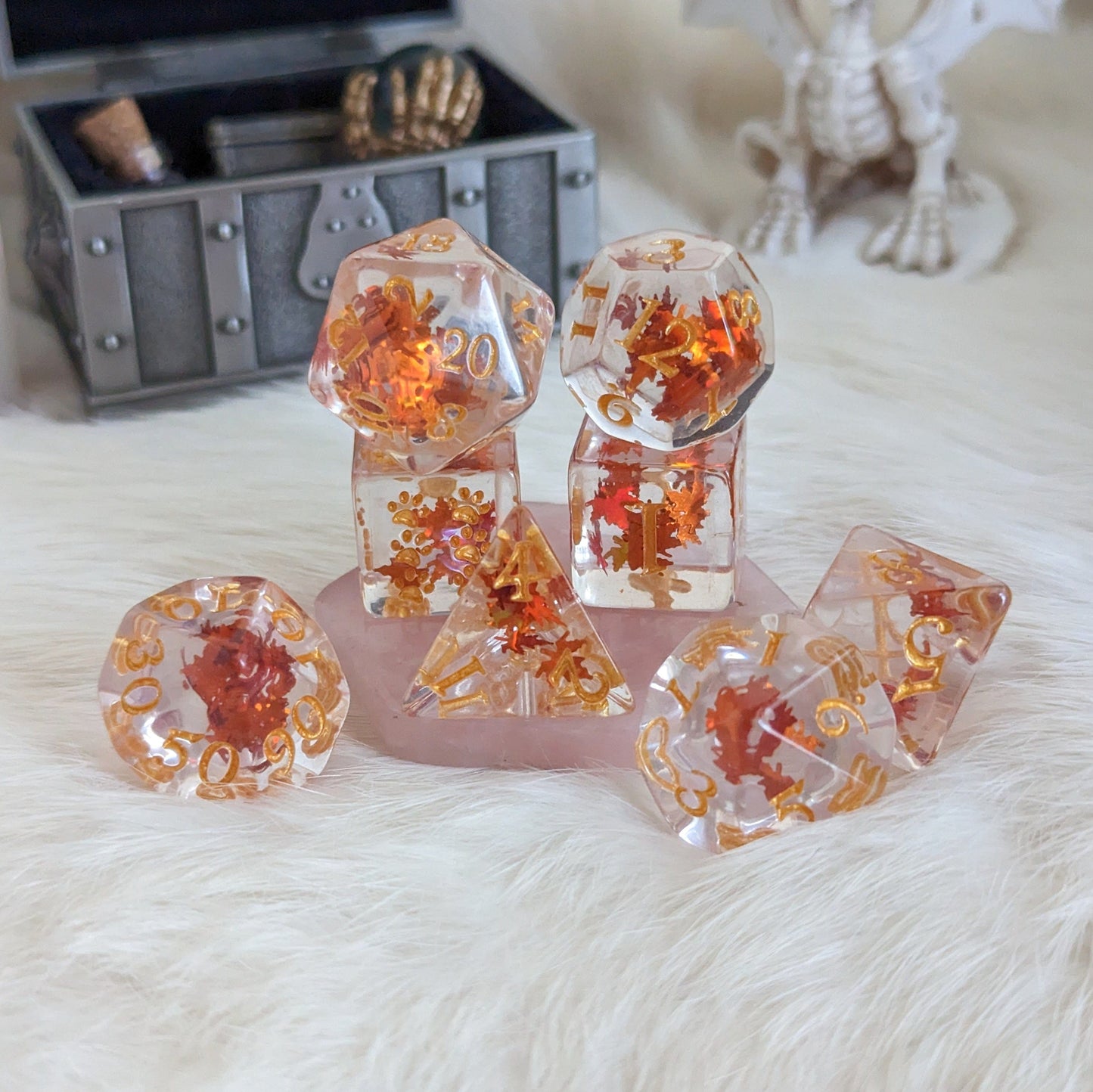 Autumn Leaf Dice Set. 8 Piece fall themed orange leaf glitter