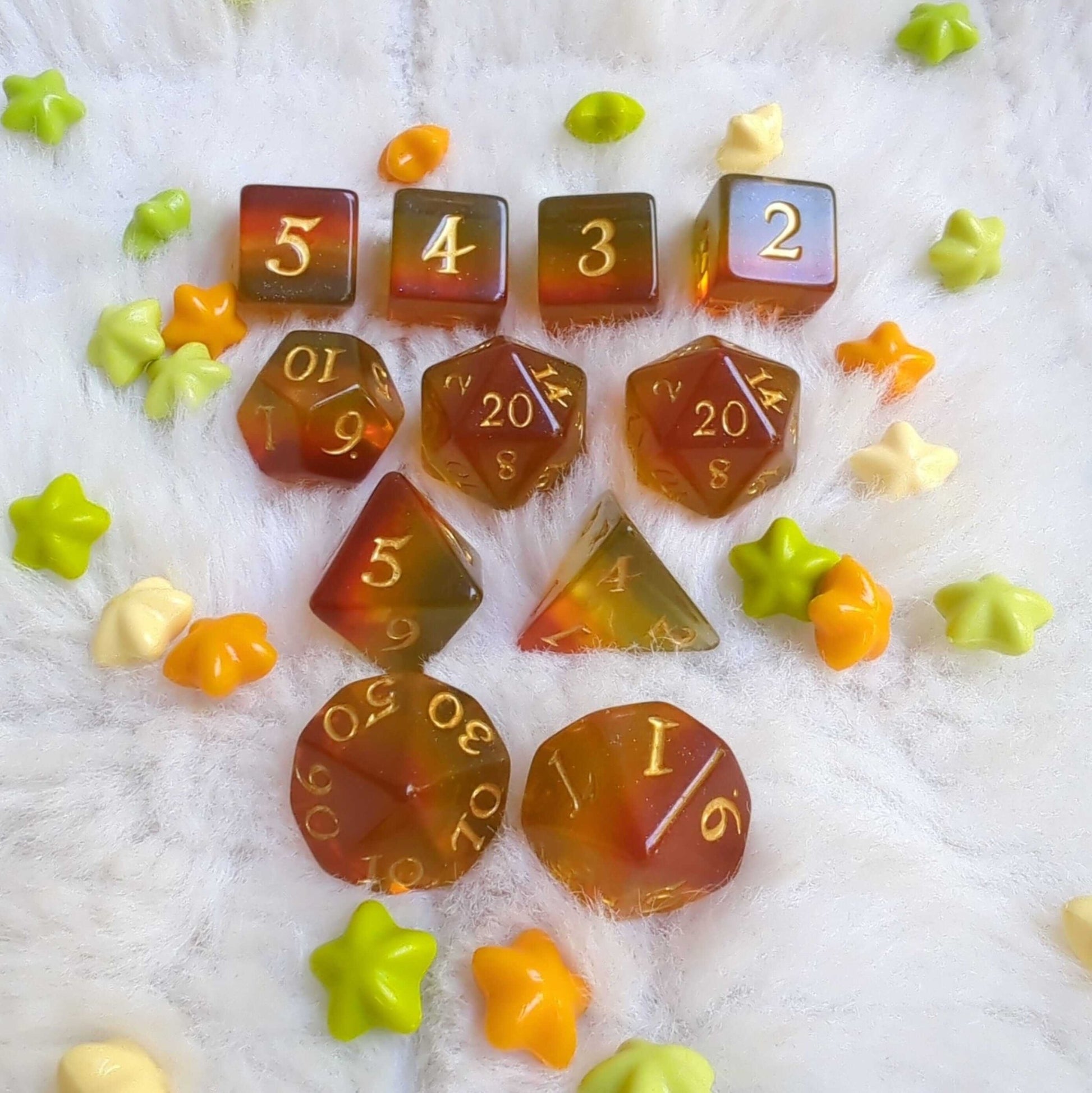 Autumn Sparkles Dice Set – 7 and 11-Piece Fall Glitter DnD Dice | Fennek & Finch Dice Sets & Games Fennek and Finch