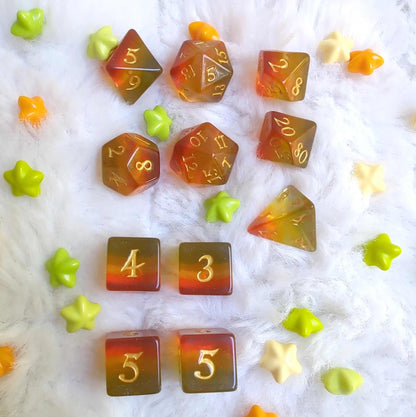 Autumn Sparkles Dice Set – 7 and 11-Piece Fall Glitter DnD Dice | Fennek & Finch Dice Sets & Games Fennek and Finch 11 Piece Set