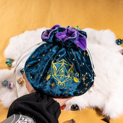 Bard Dice Bag: Blue Velvet & Golden Stars, Embroidered D20, Multi-Pocket TTRPG Storage Fennek and Finch