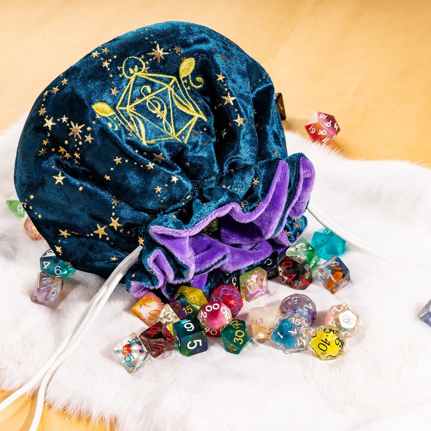 Bard Dice Bag: Blue Velvet & Golden Stars, Embroidered D20, Multi-Pocket TTRPG Storage Fennek and Finch