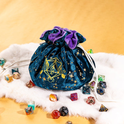 Bard Dice Bag: Blue Velvet & Golden Stars, Embroidered D20, Multi-Pocket TTRPG Storage Fennek and Finch