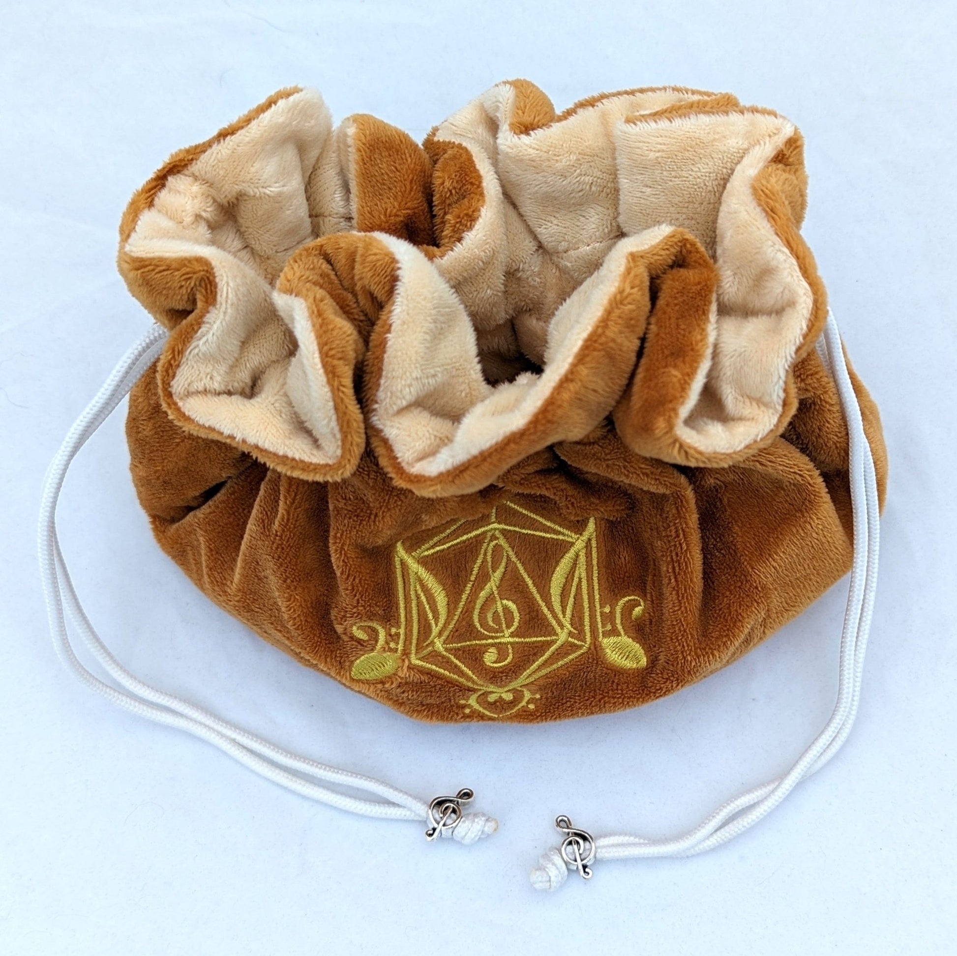 Bard Dice Bag – Multi - Pocket Brown Cream Velvet Pouch with Music Notes | Fennek & Finch - Fennek and Finch