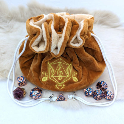 Bard Dice Bag – Multi - Pocket Brown Cream Velvet Pouch with Music Notes | Fennek & Finch - Fennek and Finch