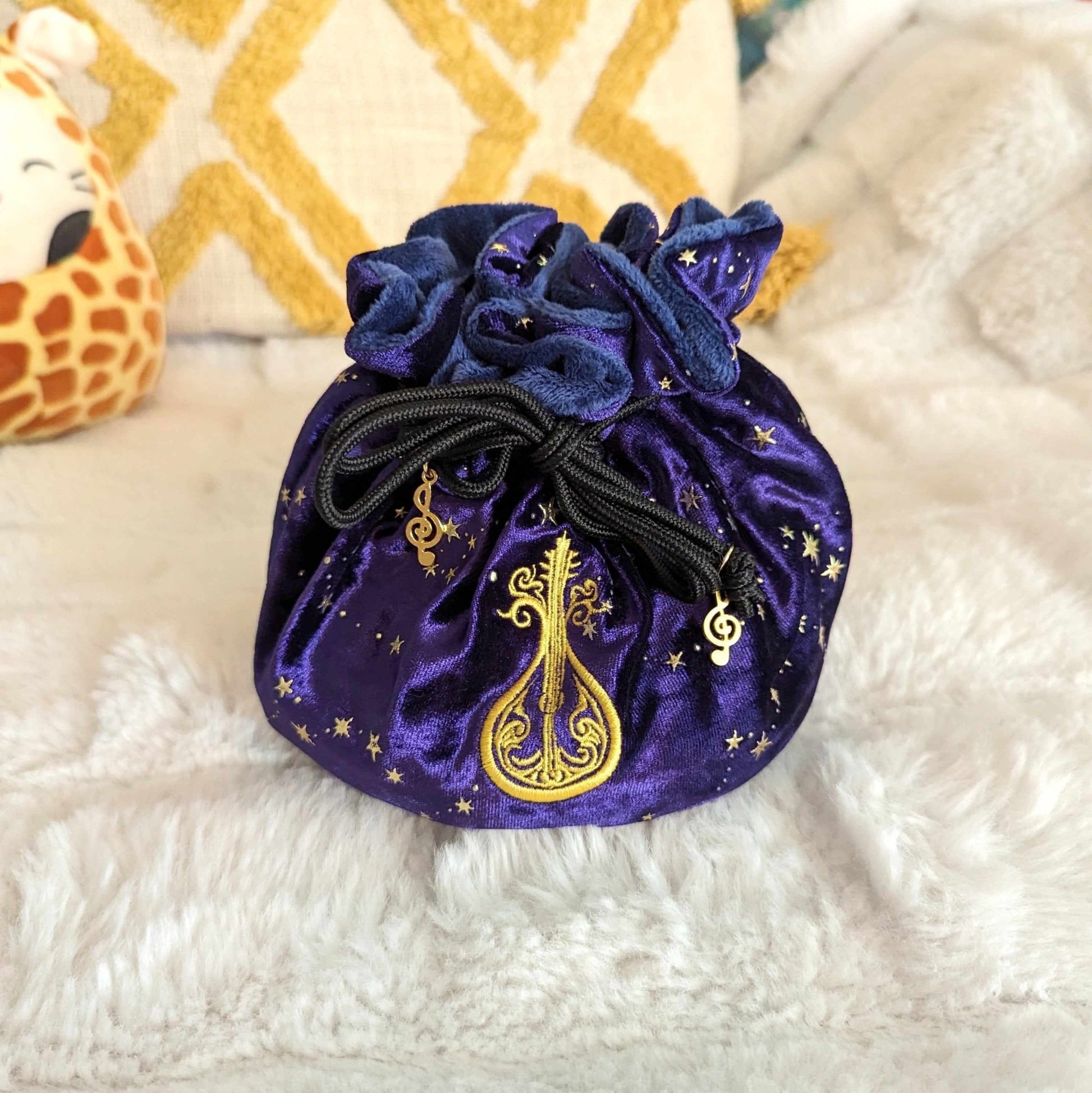 Bard Dice Bag – Multi-Pocket Purple Velvet Pouch with Enchanted Lute | Fennek & Finch Fennek and Finch