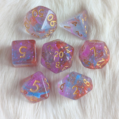 Bard's Enchantment Dice Set. Purple, Red, and Blue Glittering Dice