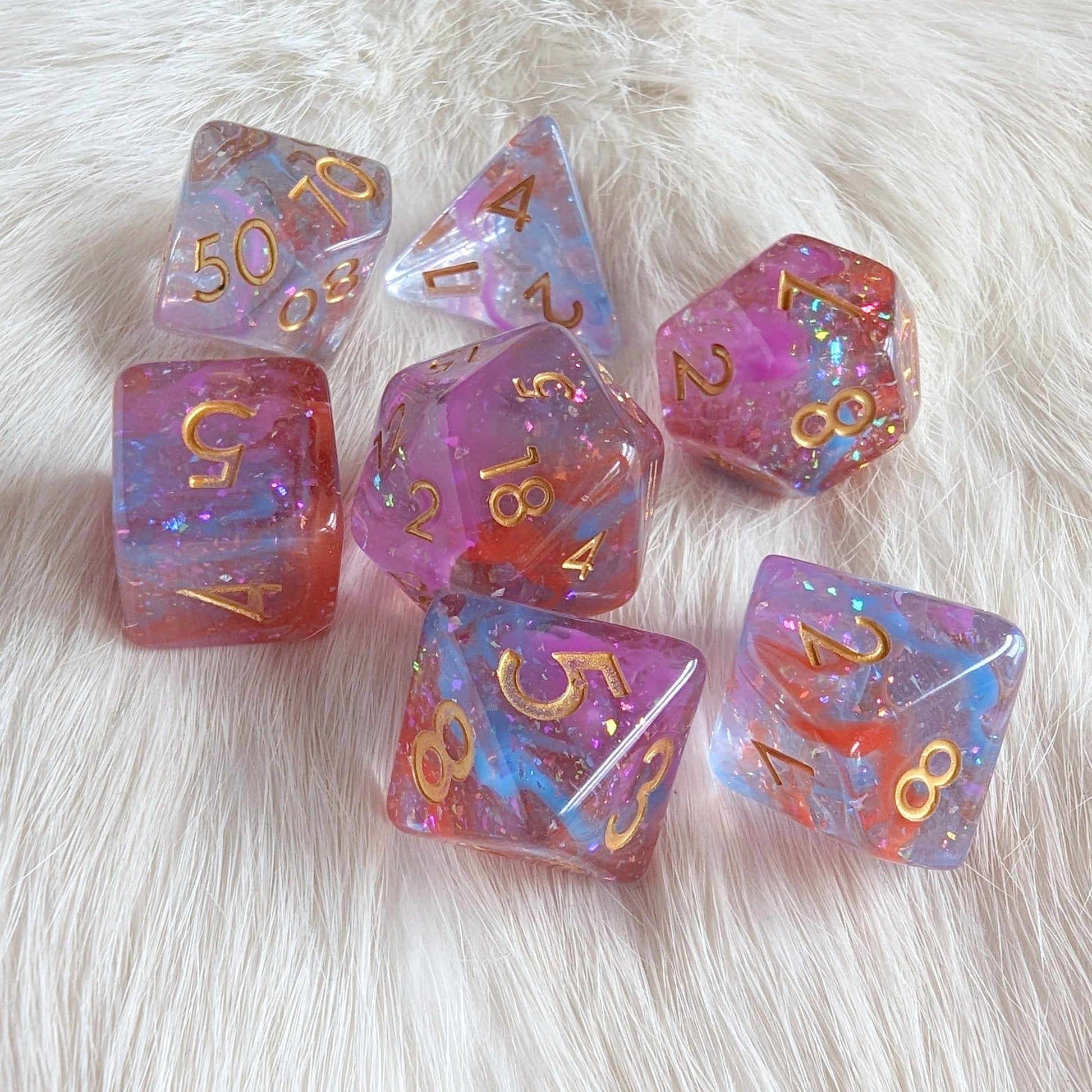 Bard's Enchantment Dice Set. Purple, Red, and Blue Glittering Dice