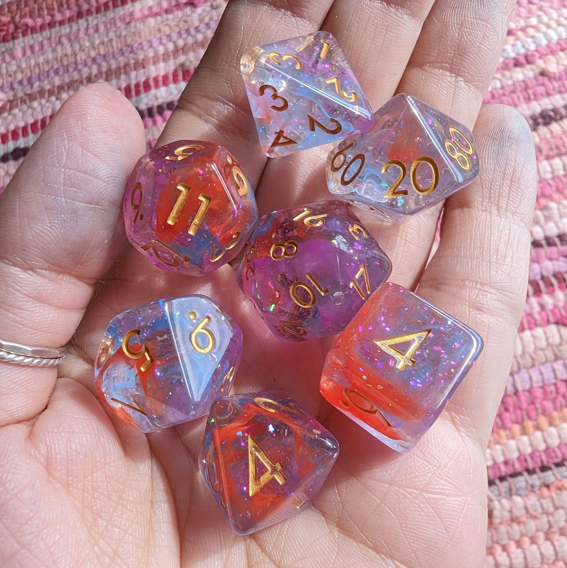 Bard's Enchantment Dice Set. Purple, Red, and Blue Glittering Dice