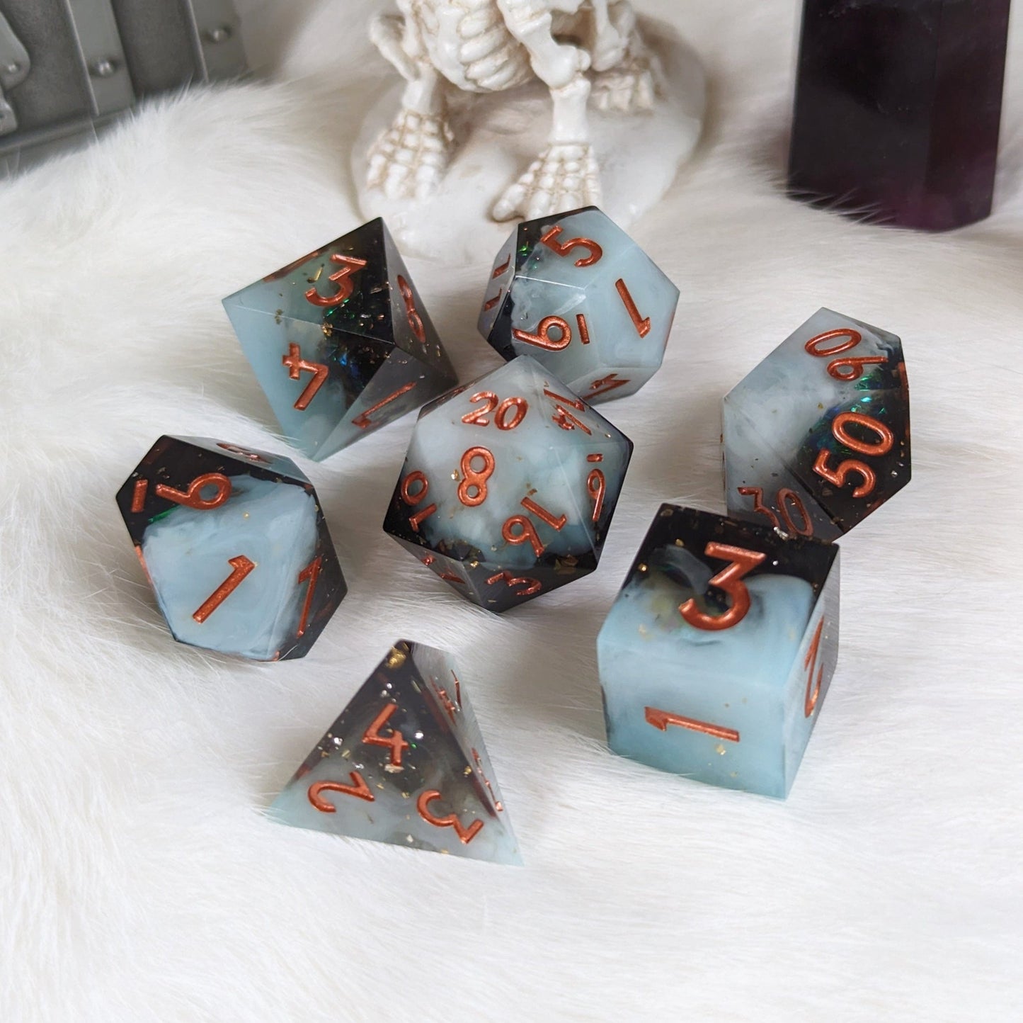 Black White Layered Dice Set – 7 - Piece Monochrome Resin DnD Dice - Fennek and Finch