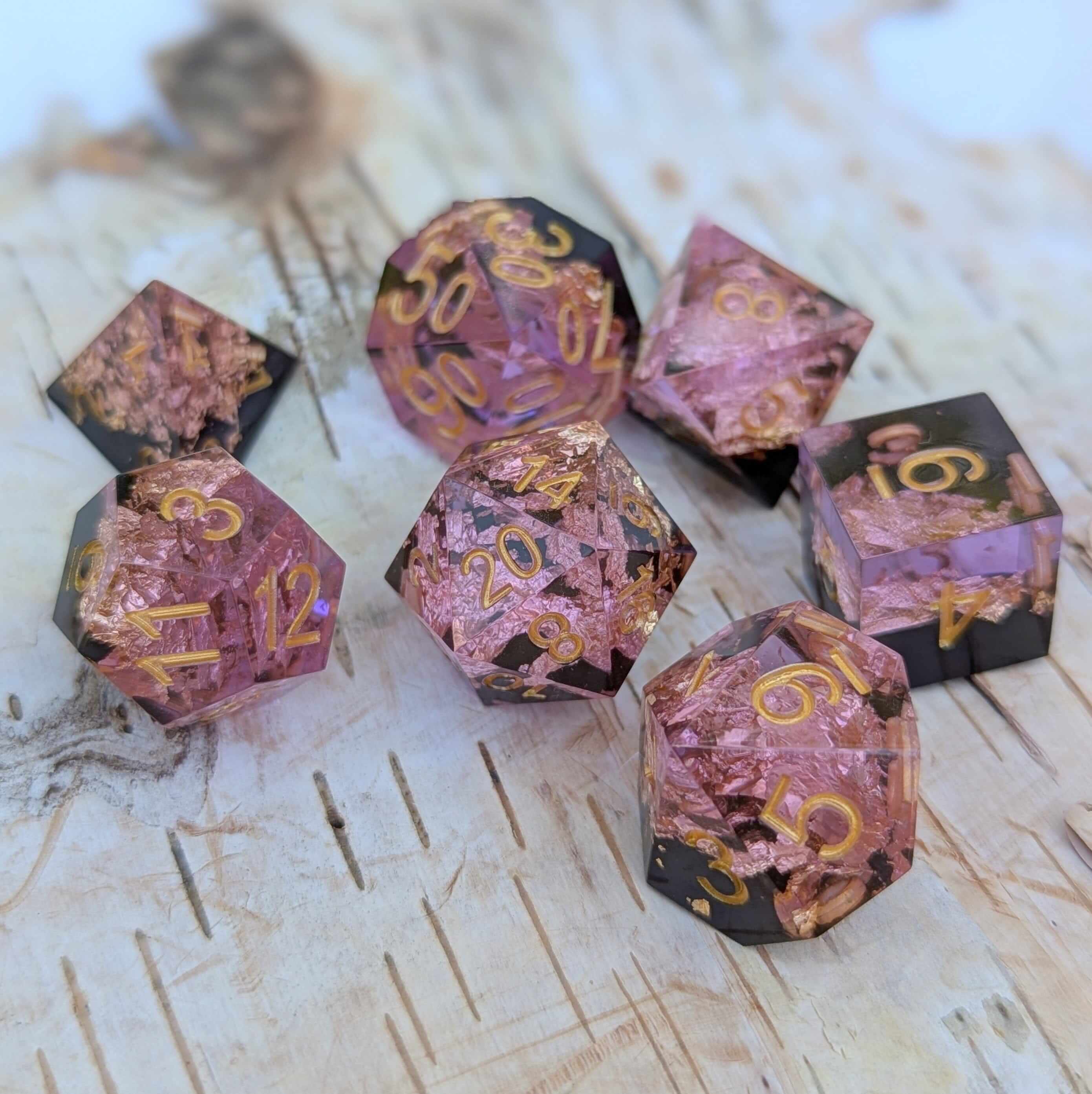 Blossom Night Sharp Edge TTRPG Dice Set. Fennek and Finch