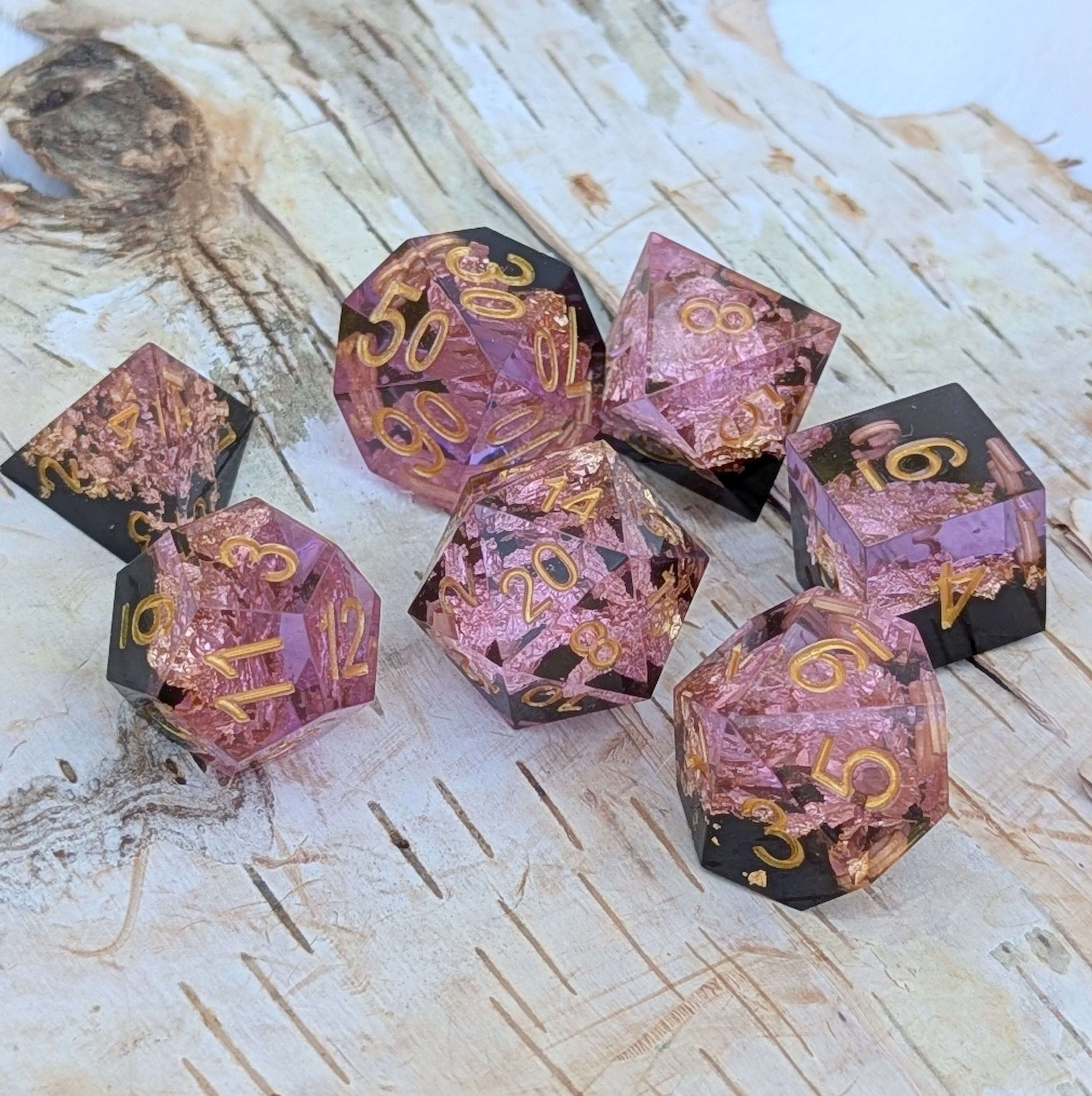 Blossom Night Sharp Edge TTRPG Dice Set. Fennek and Finch