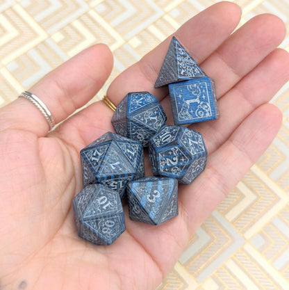 Blue Dreamy Star and Moon Wood Dice Set – 7 - Piece Engraved Wooden DnD Dice | Fennek & Finch - Fennek and Finch