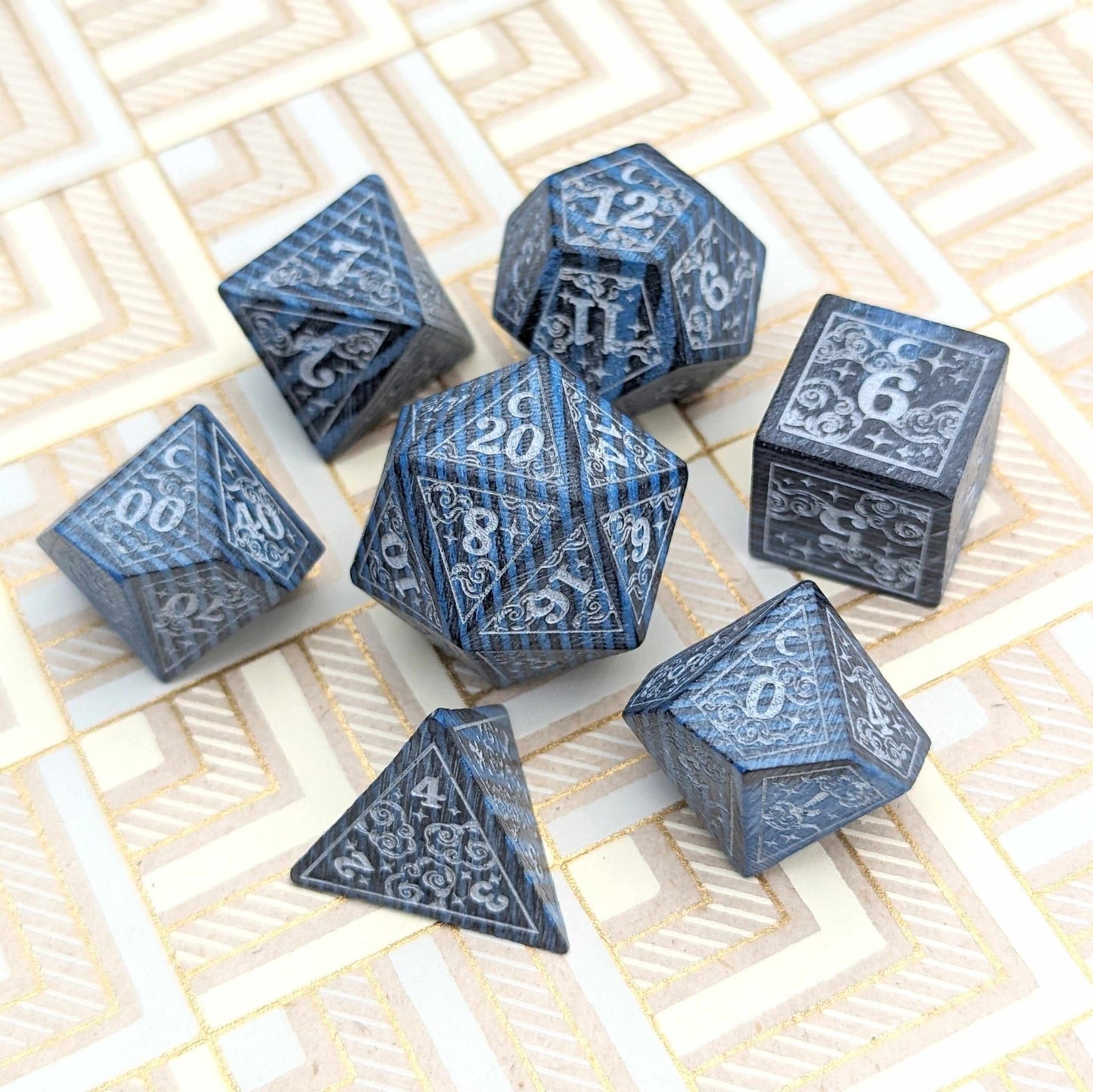 Blue Dreamy Star and Moon Wood Dice Set – 7 - Piece Engraved Wooden DnD Dice | Fennek & Finch - Fennek and Finch