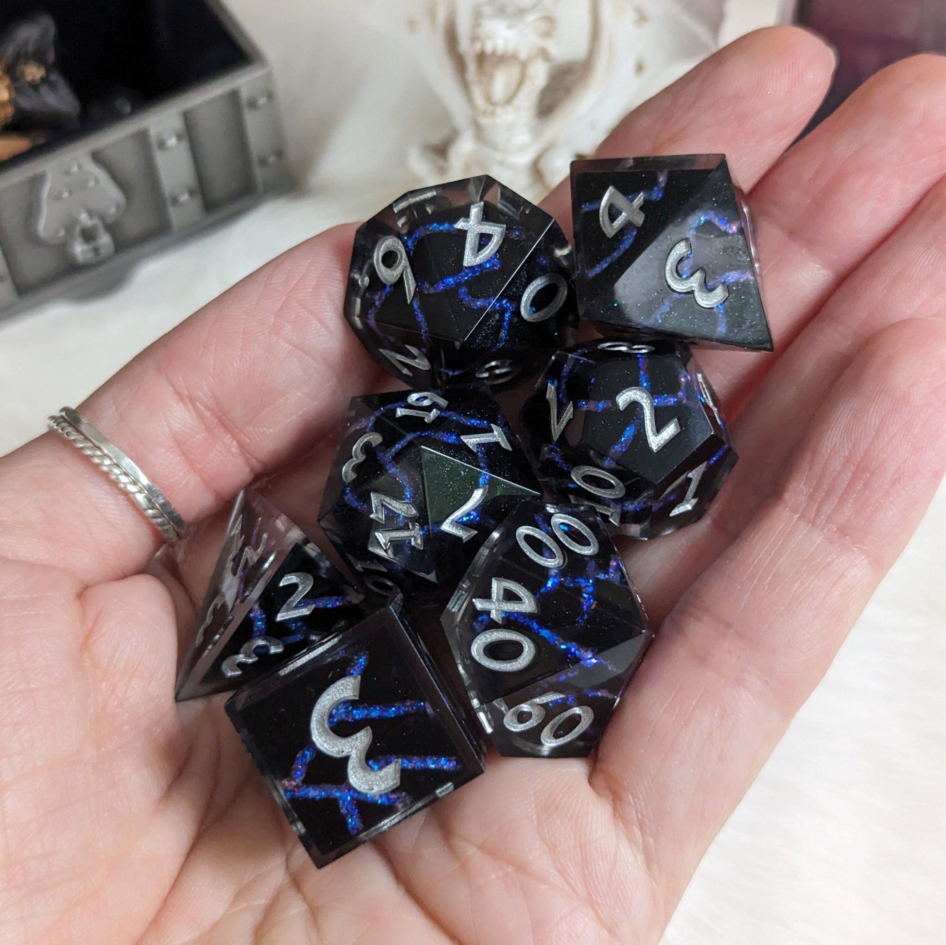 Blue Lightning Dice Set – 7 - Piece Electric Storm DnD Dice - Fennek and Finch