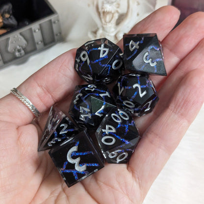 Blue Lightning Dice Set – 7 - Piece Electric Storm DnD Dice - Fennek and Finch