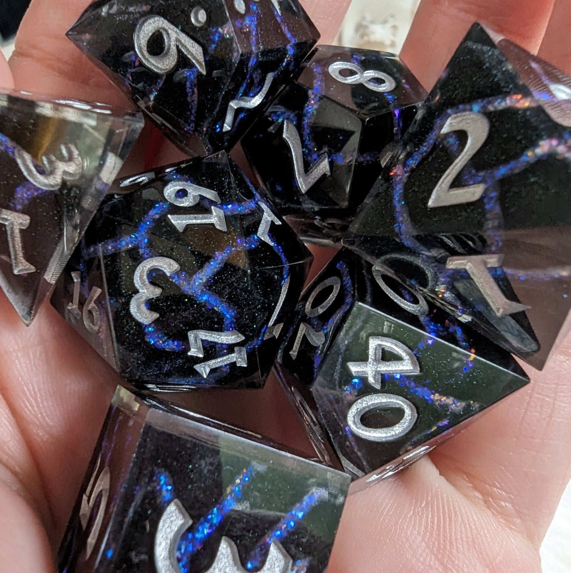 Blue Lightning Dice Set – 7 - Piece Electric Storm DnD Dice - Fennek and Finch