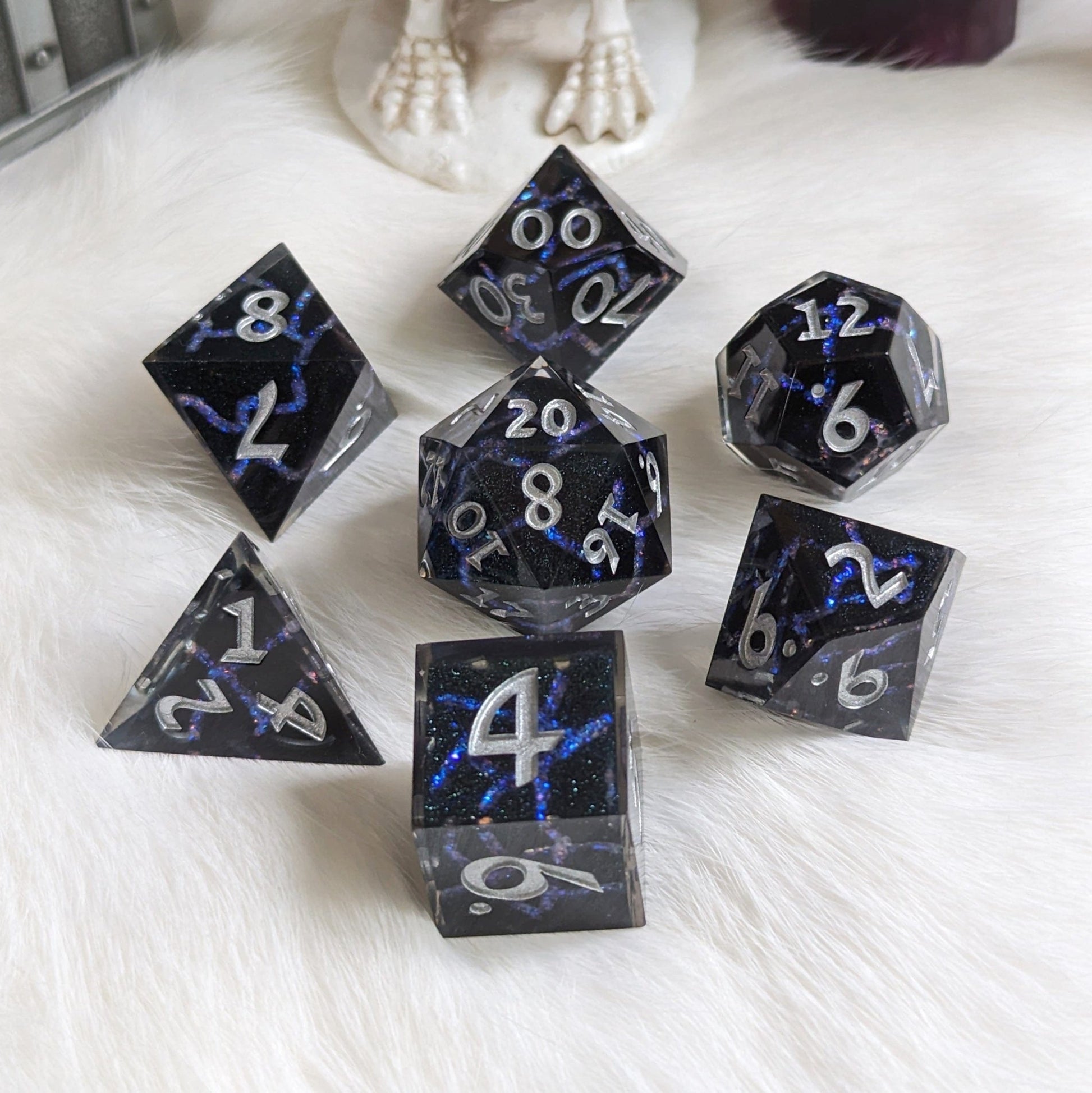 Blue Lightning Dice Set – 7 - Piece Electric Storm DnD Dice - Fennek and Finch
